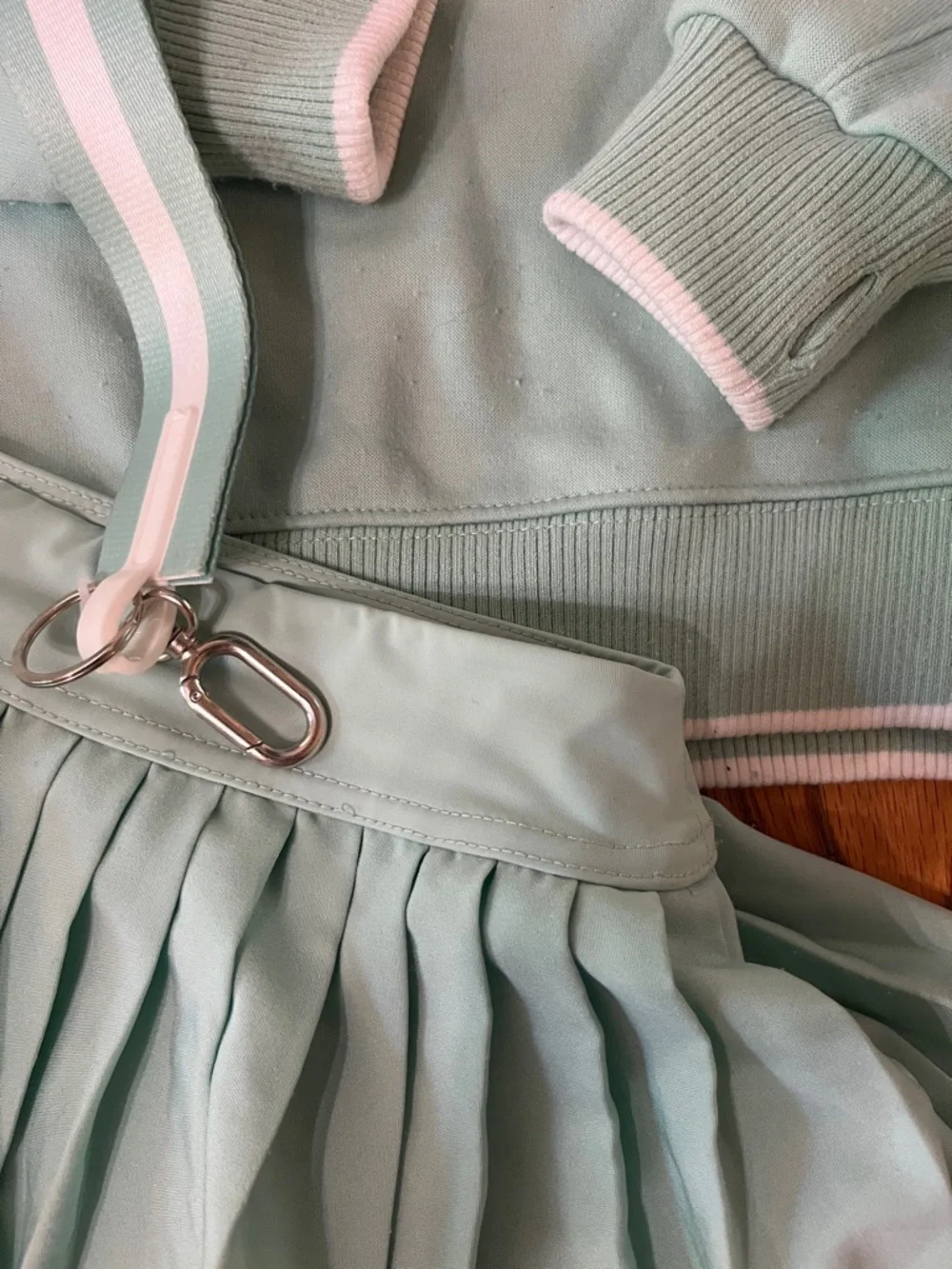 Mint Two-Piece Sweatshirt & Pleated Skort Set with White Trim - Picture 3 of 4